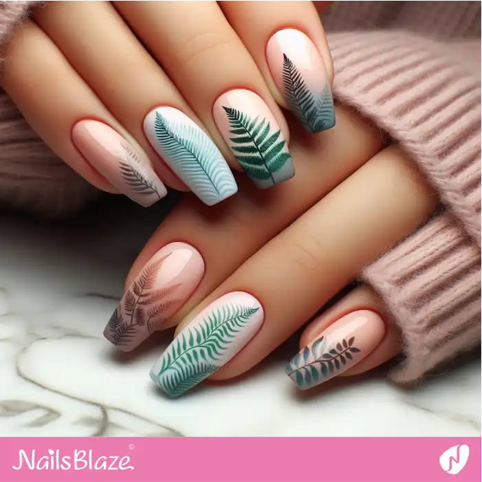 Bright Color Nails with Fern Leaves | Nature-inspired Nails - NB1542